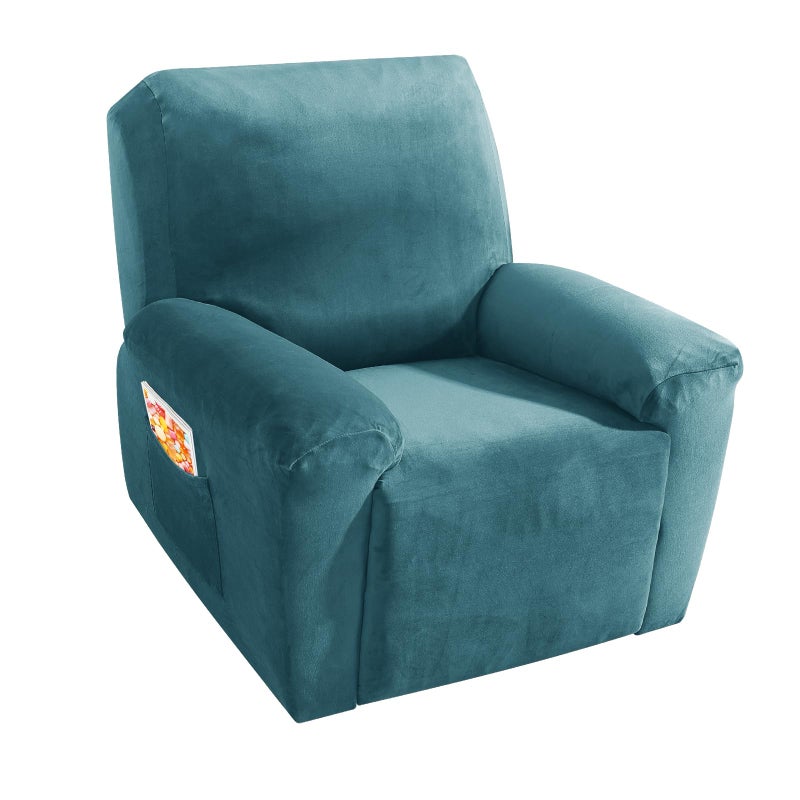 MAXIJIN Velvet 4 Piece Recliner Cover Stretch Plush Soft Recliner Chair Covers Thick Soft Reclining Chair Slipcovers Furniture Protector with Side Pocket for Kids, Pets (Peacock Blue) - Image 1